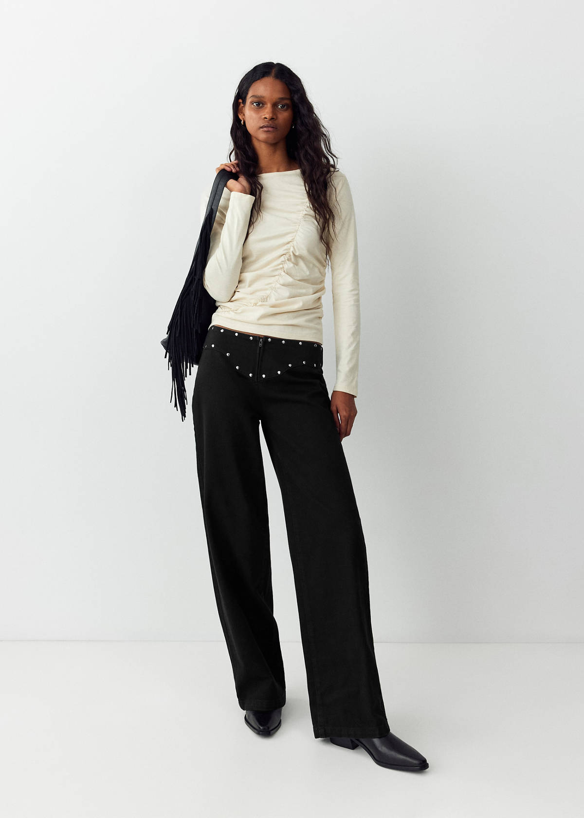 Straight-leg jeans with permanent studs — Black denim
