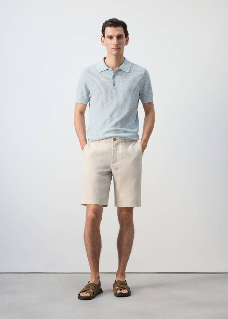 Ribbed cotton-linen blend polo — Sky Blue