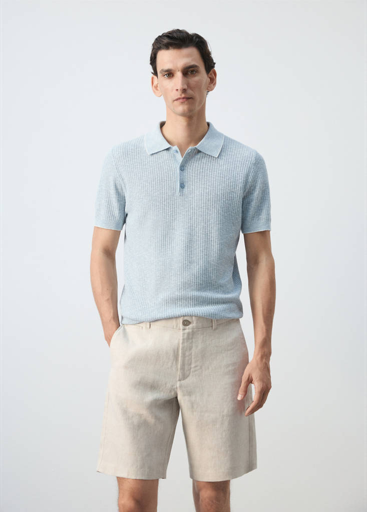 Ribbed cotton-linen blend polo — Sky Blue