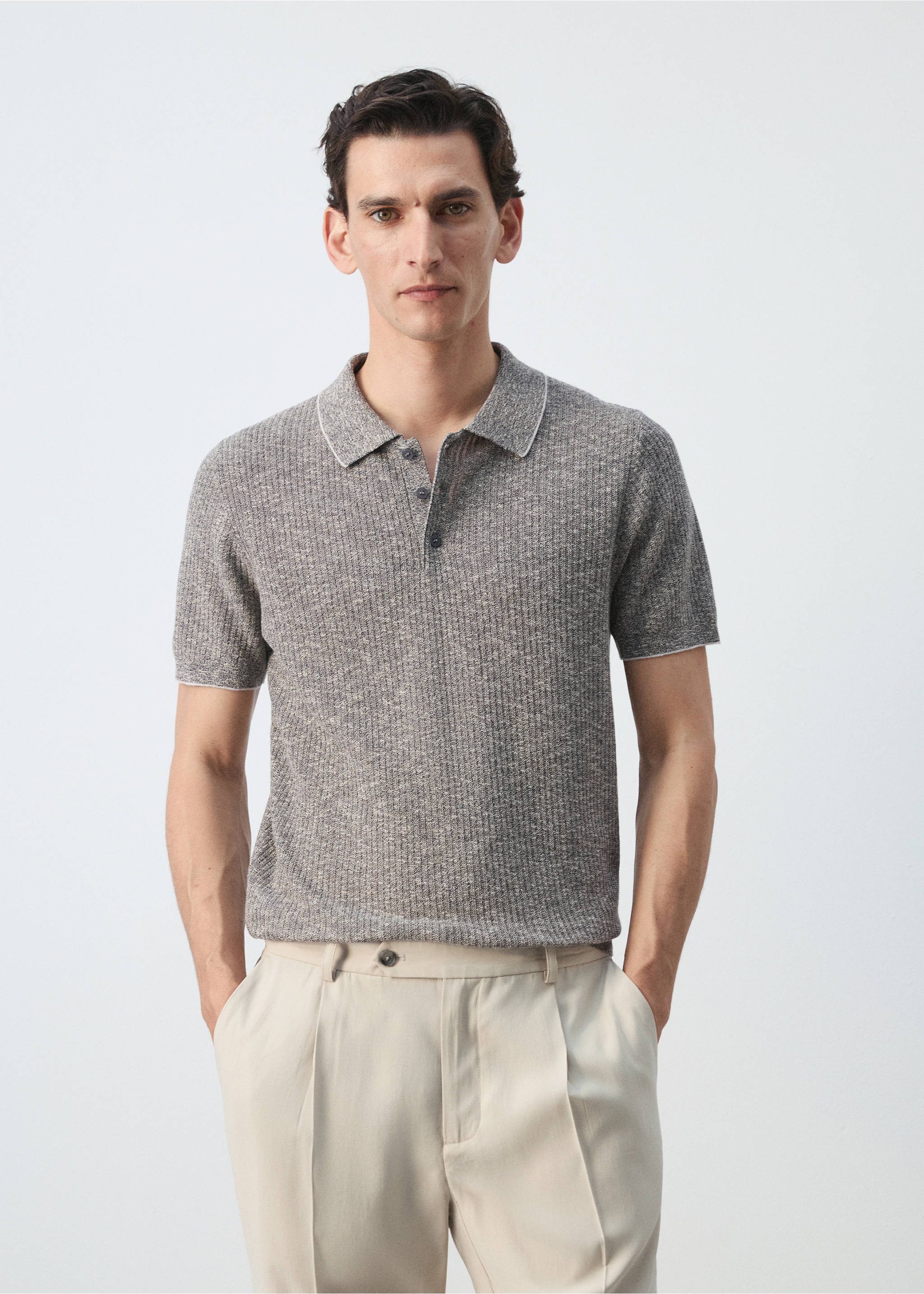 Polo mezcla lino algodón canalé - Plano medio, Azul marino. Ref: 37041437-00.