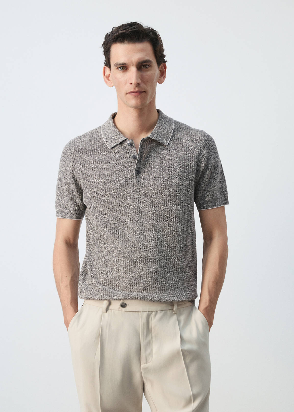 Ribbed cotton-linen blend polo — Navy
