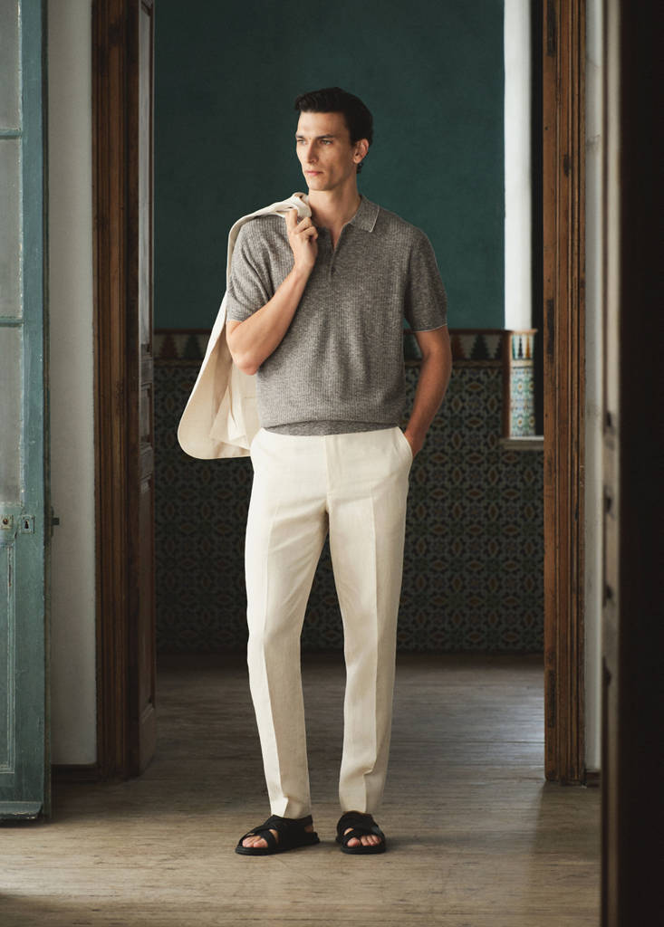 Ribbed cotton-linen blend polo — Navy
