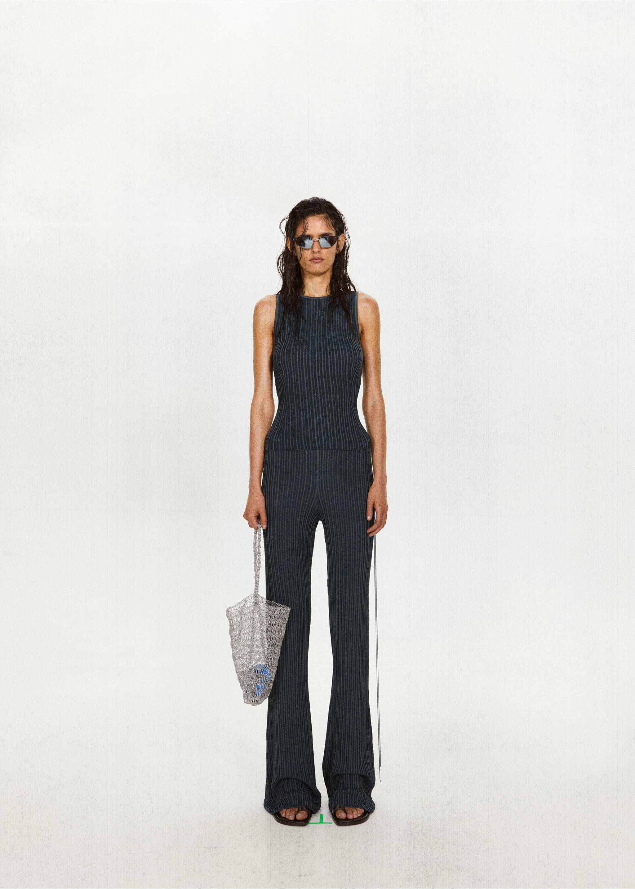 Structuurgebreide broek met strepen - Overzichtstekening, Donkerblauw. Ref: 37041447-00.