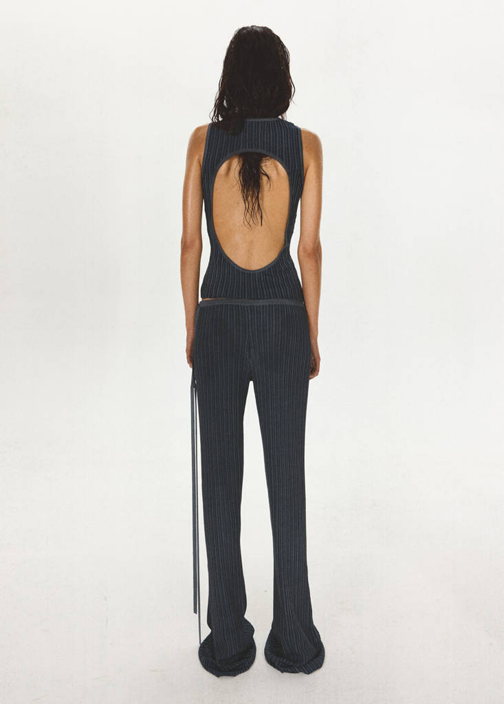 Ribbed flared trousers with bow detail — Dark Blue