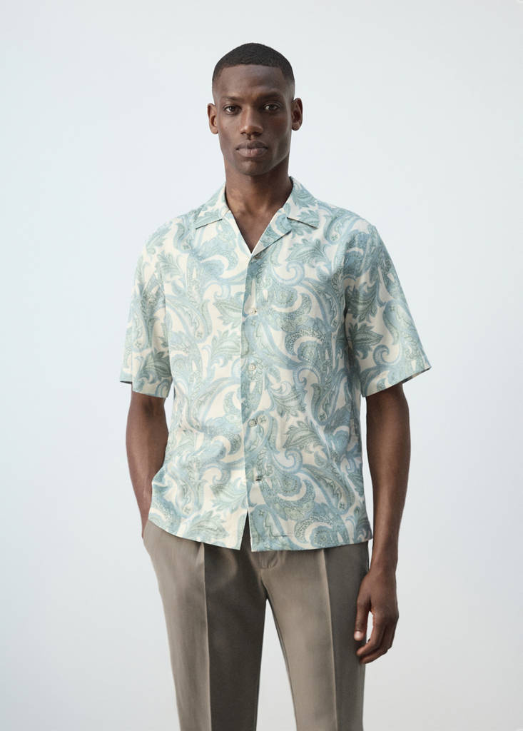 Printed cotton shirt with a bowling collar — Pastel Green