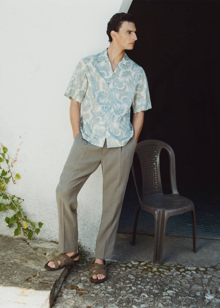 Printed cotton shirt with a bowling collar — Pastel Green