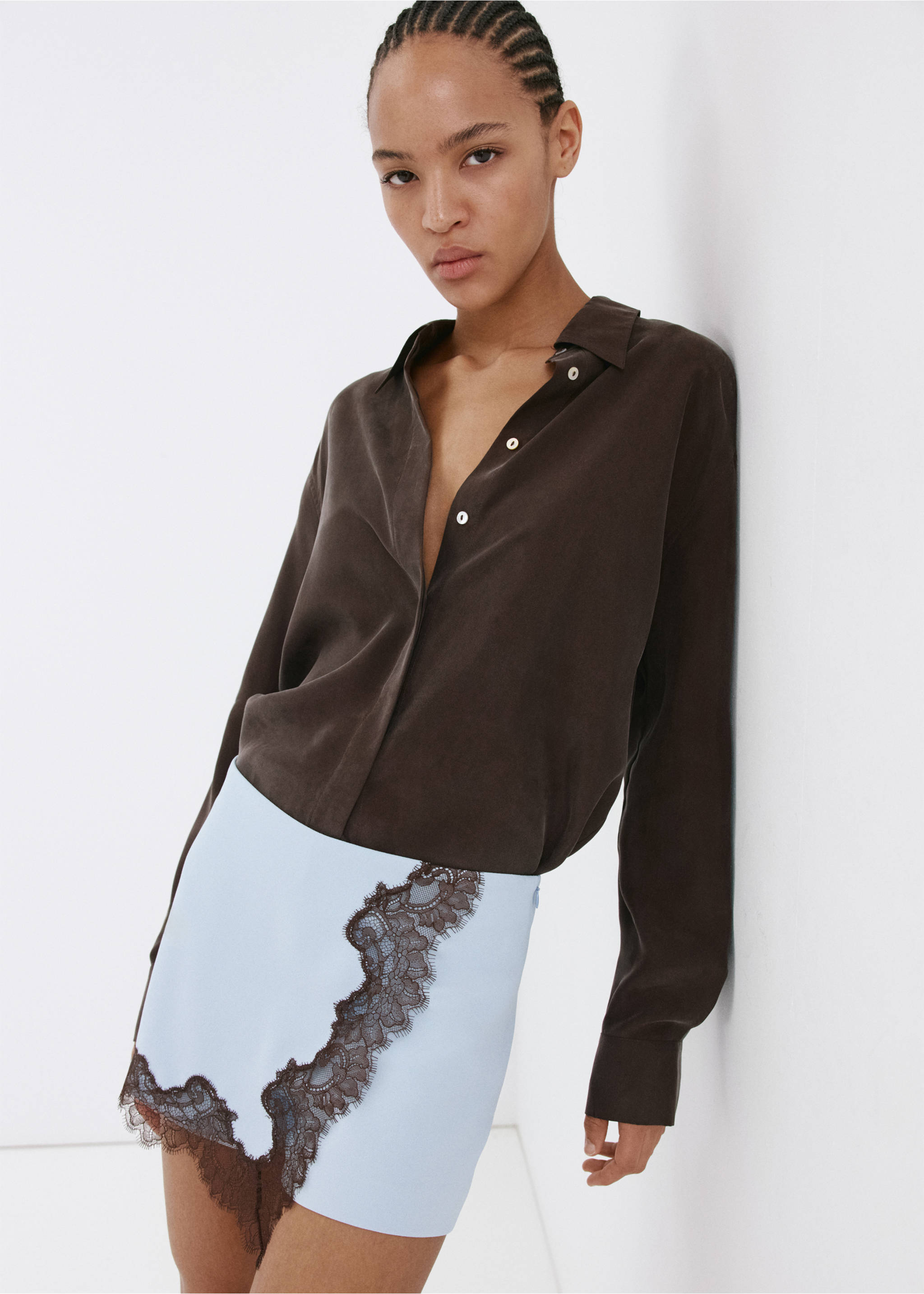 Straight shorts with lace detail - Medium plane, Sky Blue. Ref: 37041467-00.