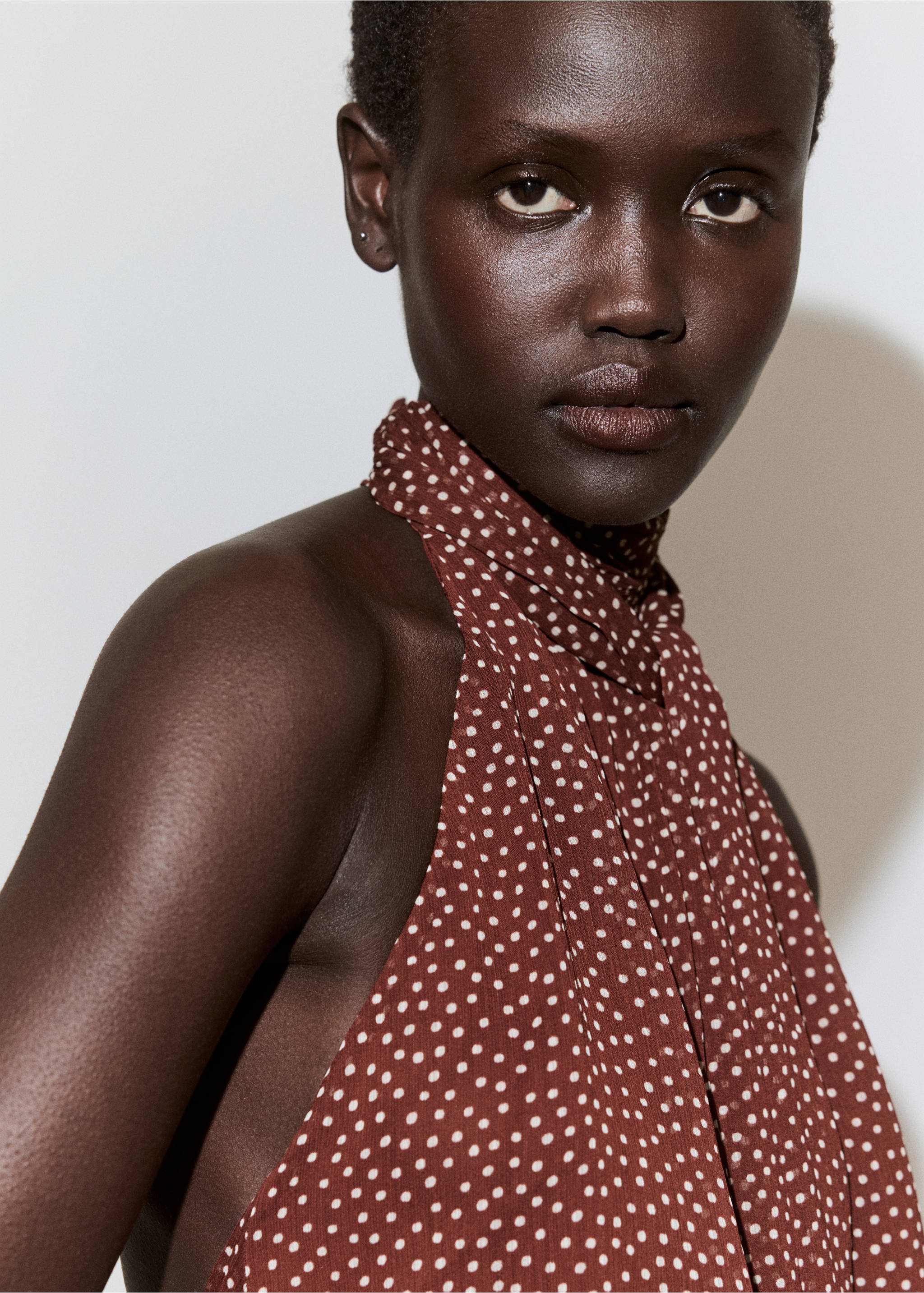 Halter polka dot dress - Details of the article 1, Burnt Orange. Ref: 37041469-00.