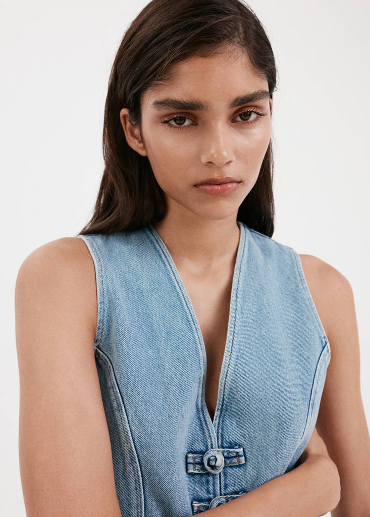Toggle denim top with frogs — Medium Blue