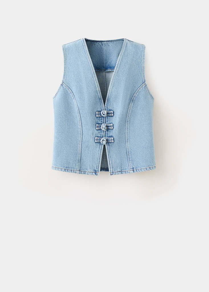 Toggle denim top with frogs — Medium Blue
