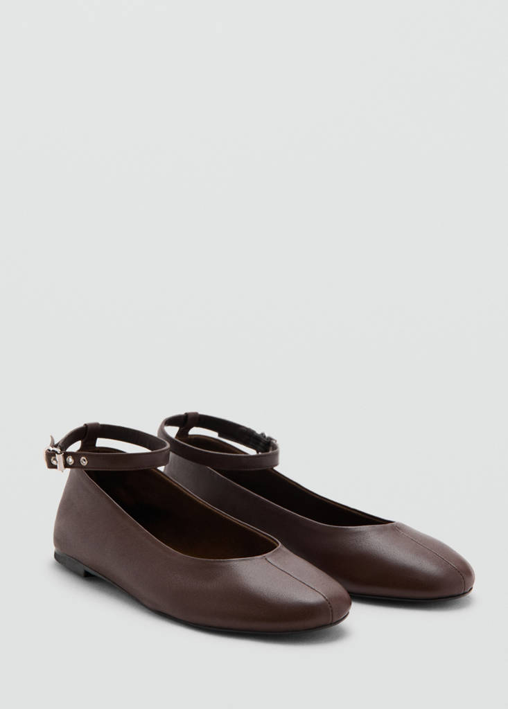 Leather ankle strap ballet flats — Chocolate