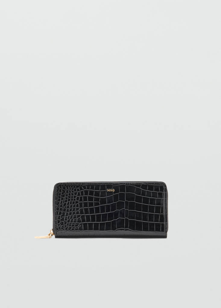 Large shiny croc-effect wallet — Black