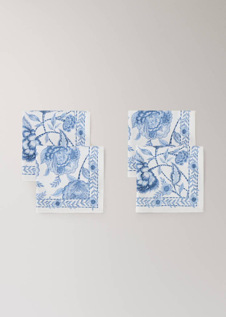Pack of 4 cotton napkins with floral pattern — Blue