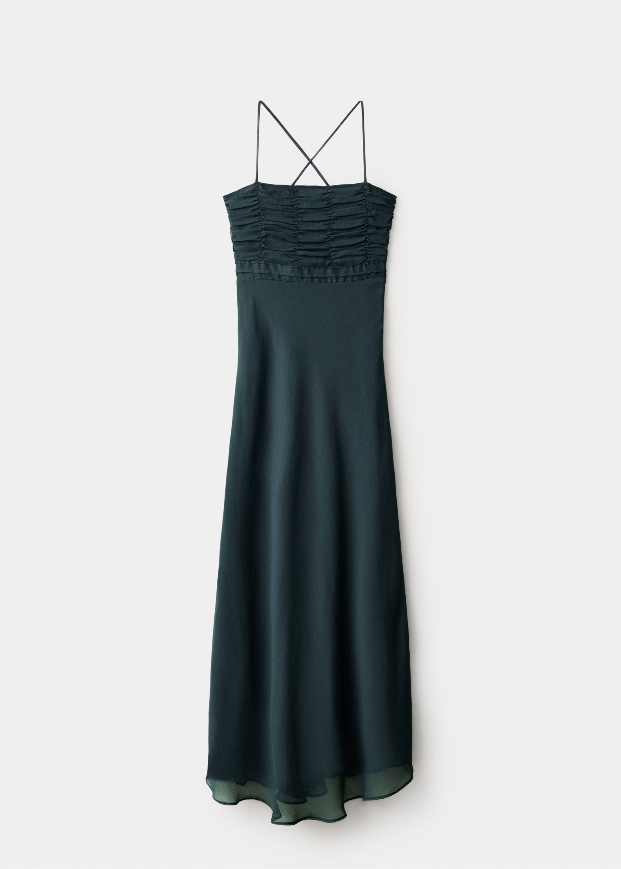 Dark green sleeveless dress with a ruched bodice and thin cross straps., Charcoal. Ref: 37041552-00.