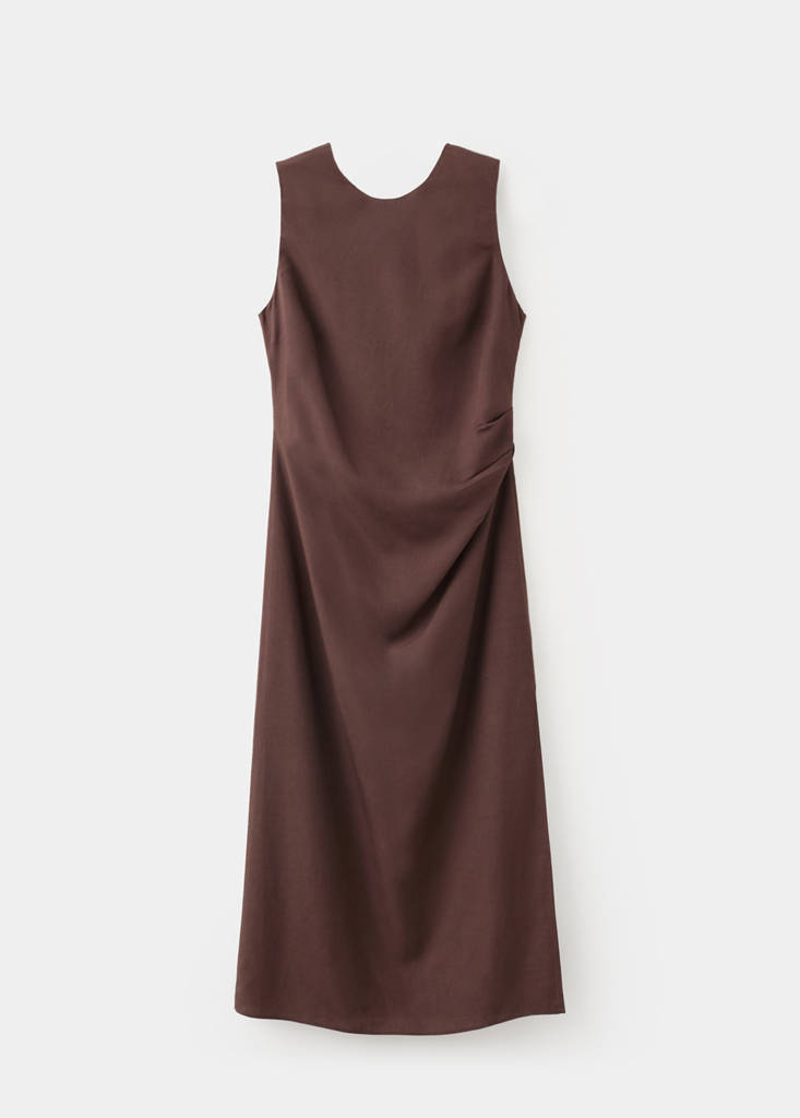 Side ruched dress with tie detail — Brown