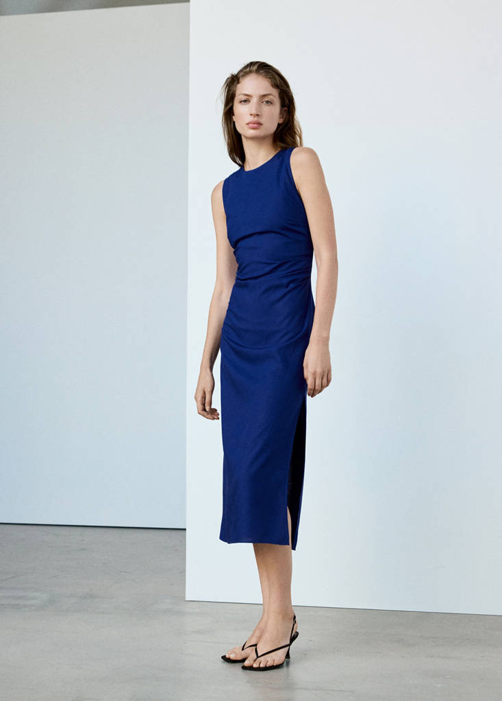 Side ruched dress with tie detail — Blue