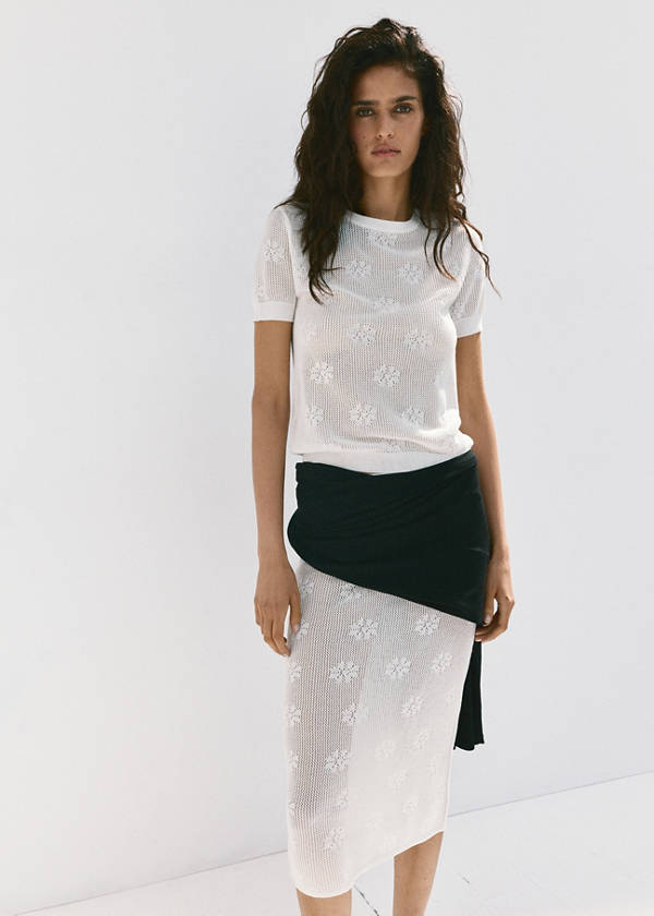 Semi-transparent floral crochet skirt — White