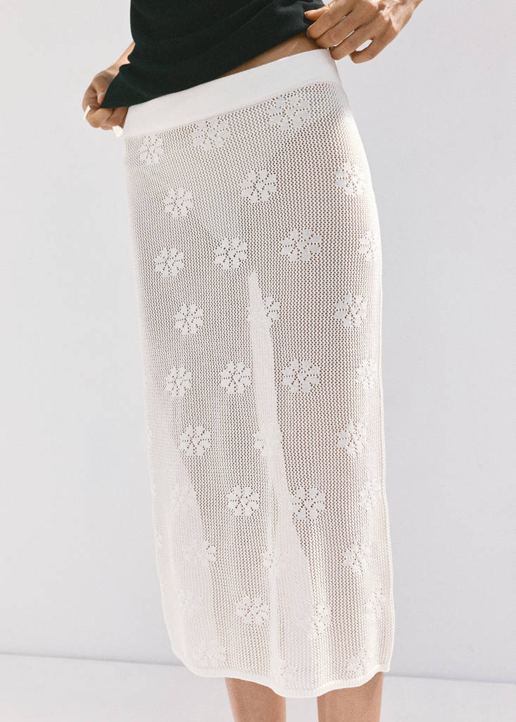 Semi-transparent floral crochet skirt — White