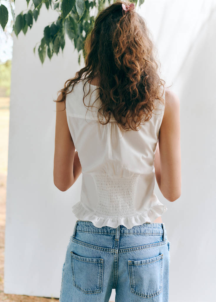 Floral embroidered cotton top — Off White