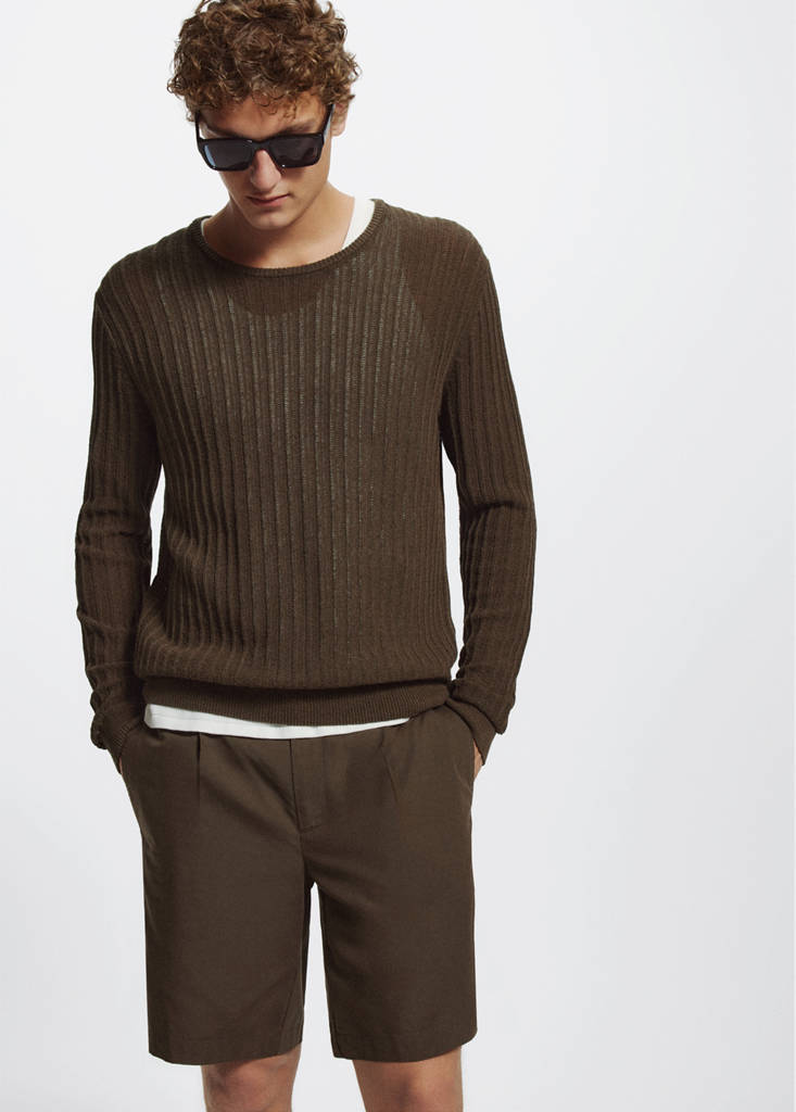 Lyocell cotton blend pleated bermuda shorts — Brown