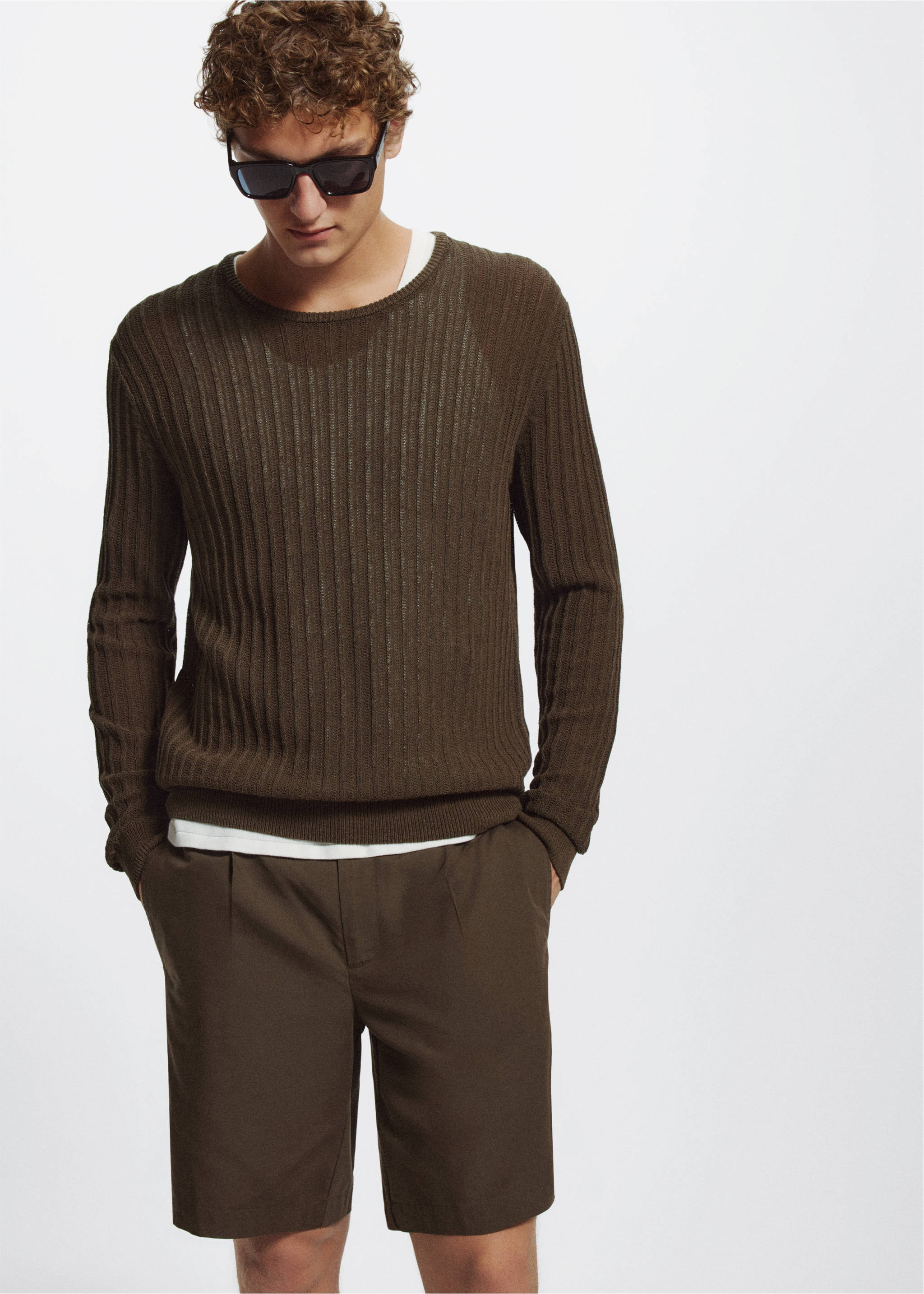 Lyocell cotton blend pleated bermuda shorts - Medium plane, Brown. Ref: 37042890-01.