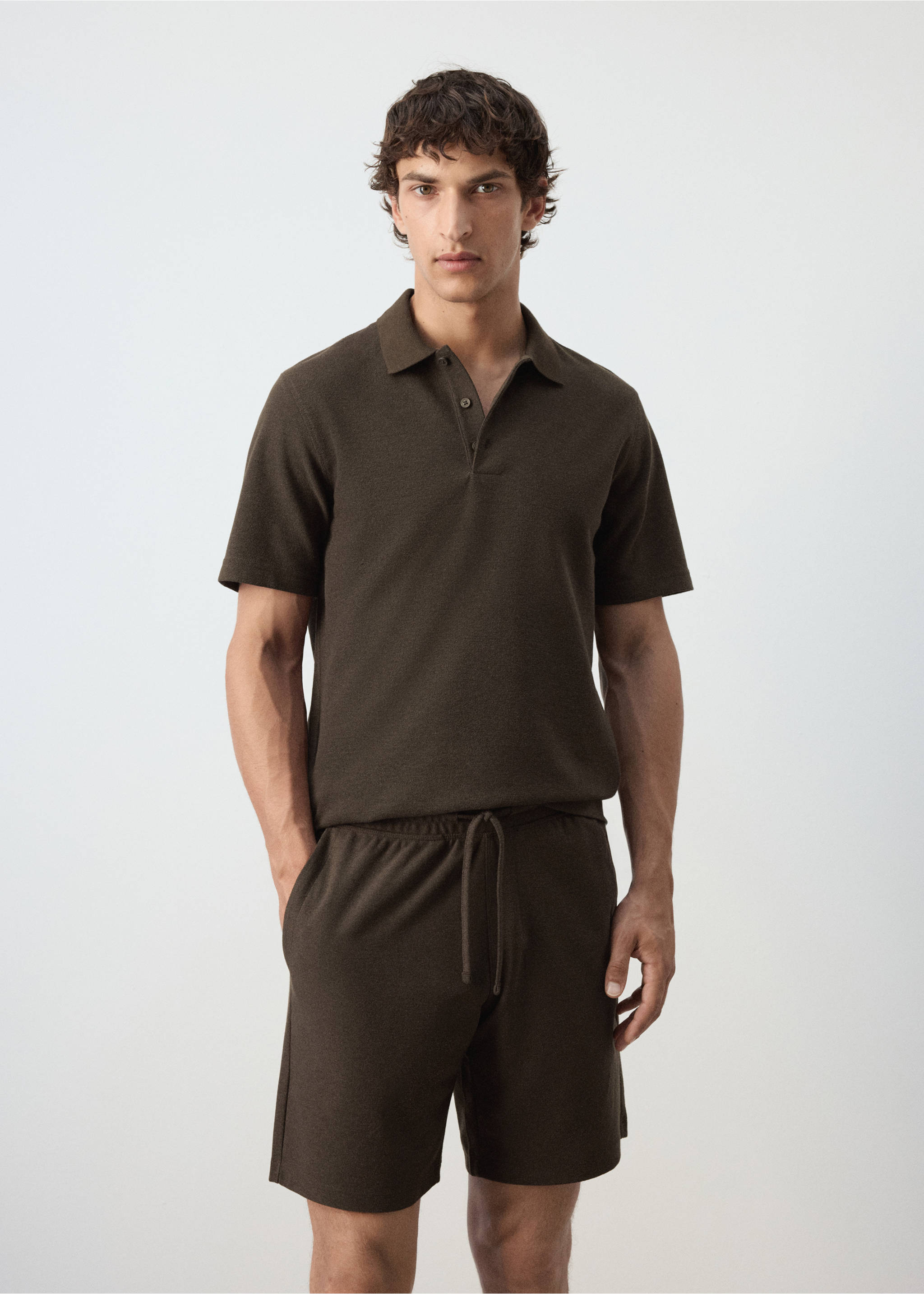 Textured cotton blend polo - Medium plane, Brown. Ref: 37042898-00.