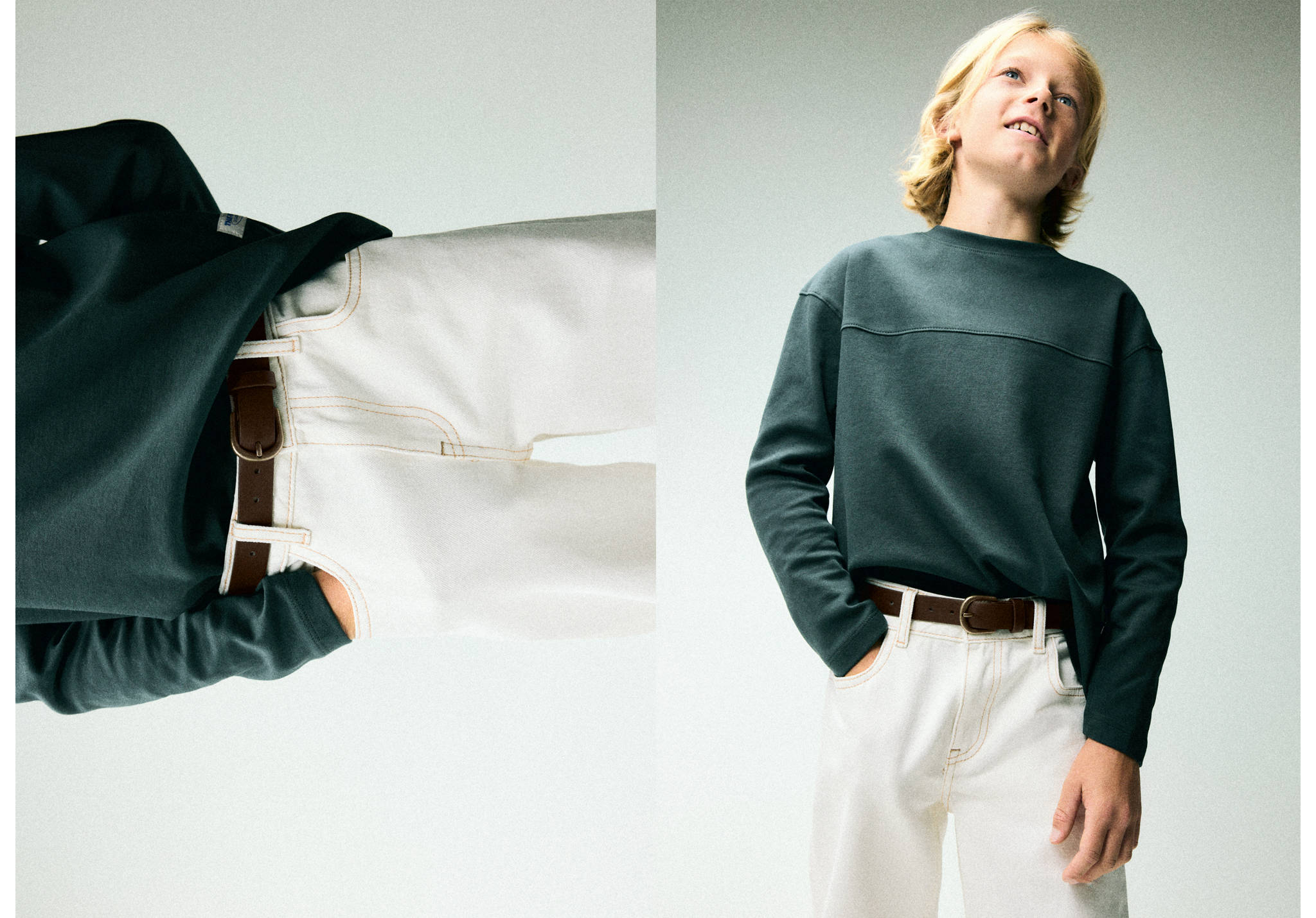 Brown belt worn with white trousers and a dark green sweatshirt on a young boy.