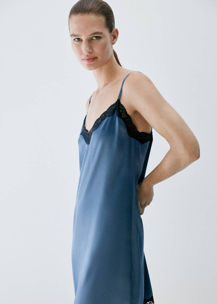 Silk nightdress with lace in contrasting colour — Blue