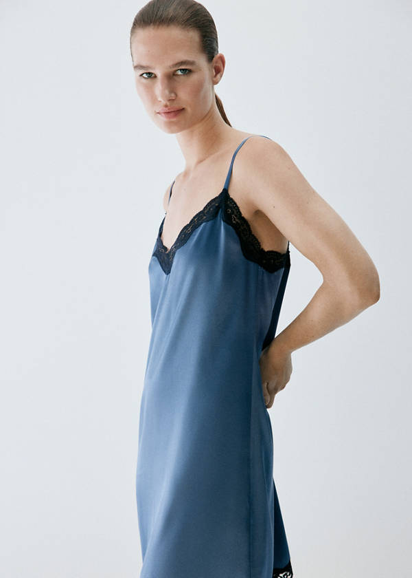 Silk nightdress with lace in contrasting colour — Blue