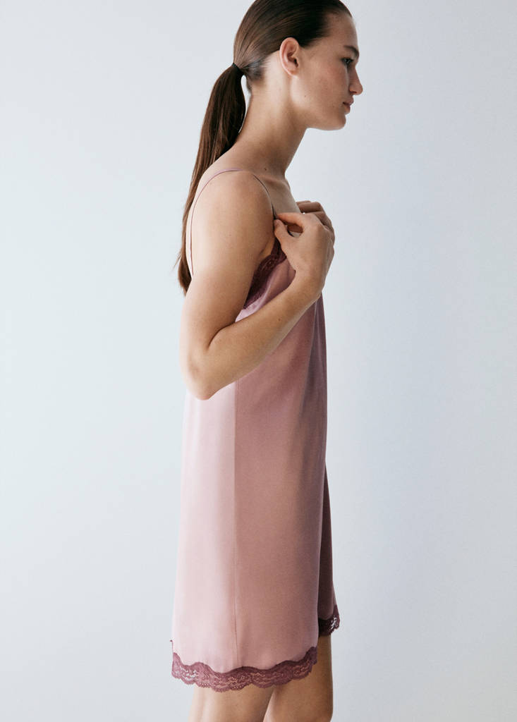 Silk nightdress with lace in contrasting colour — Pastel Pink