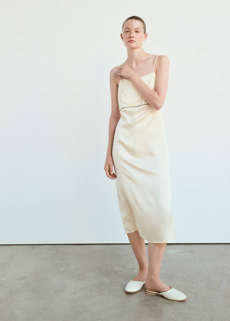 Satin viscose nightdress with contrast piping — Ivory White