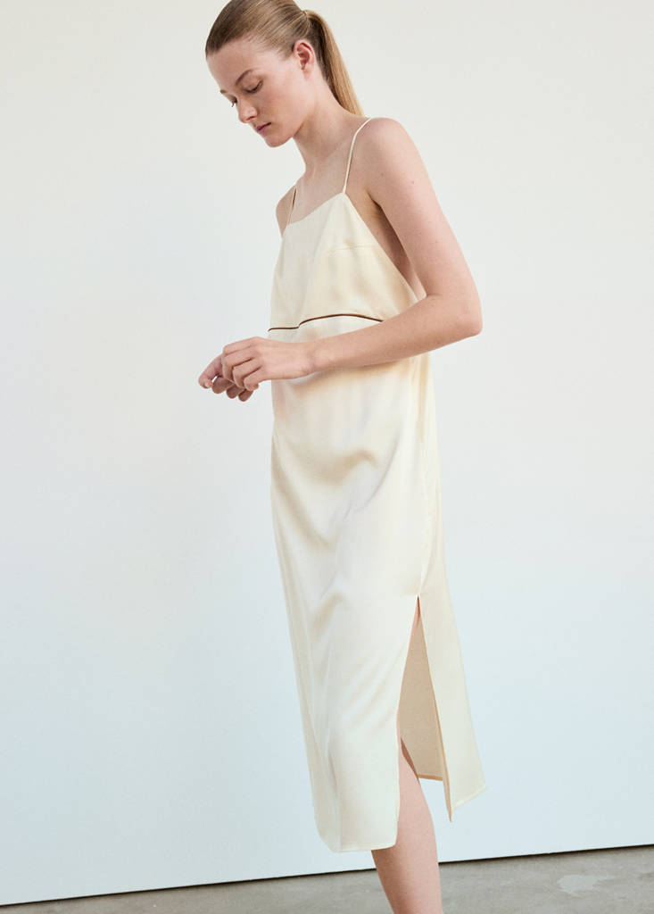 Satin viscose nightdress with contrast piping — Ivory White