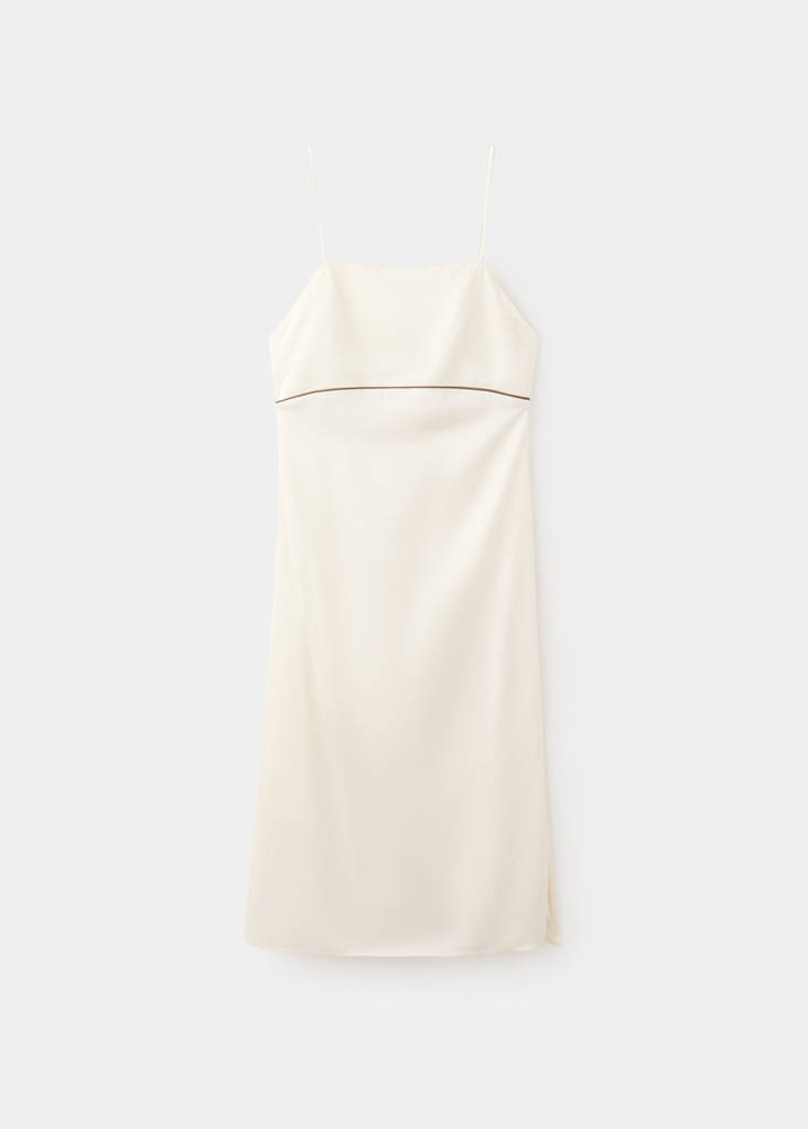Satin viscose nightdress with contrast piping — Ivory White