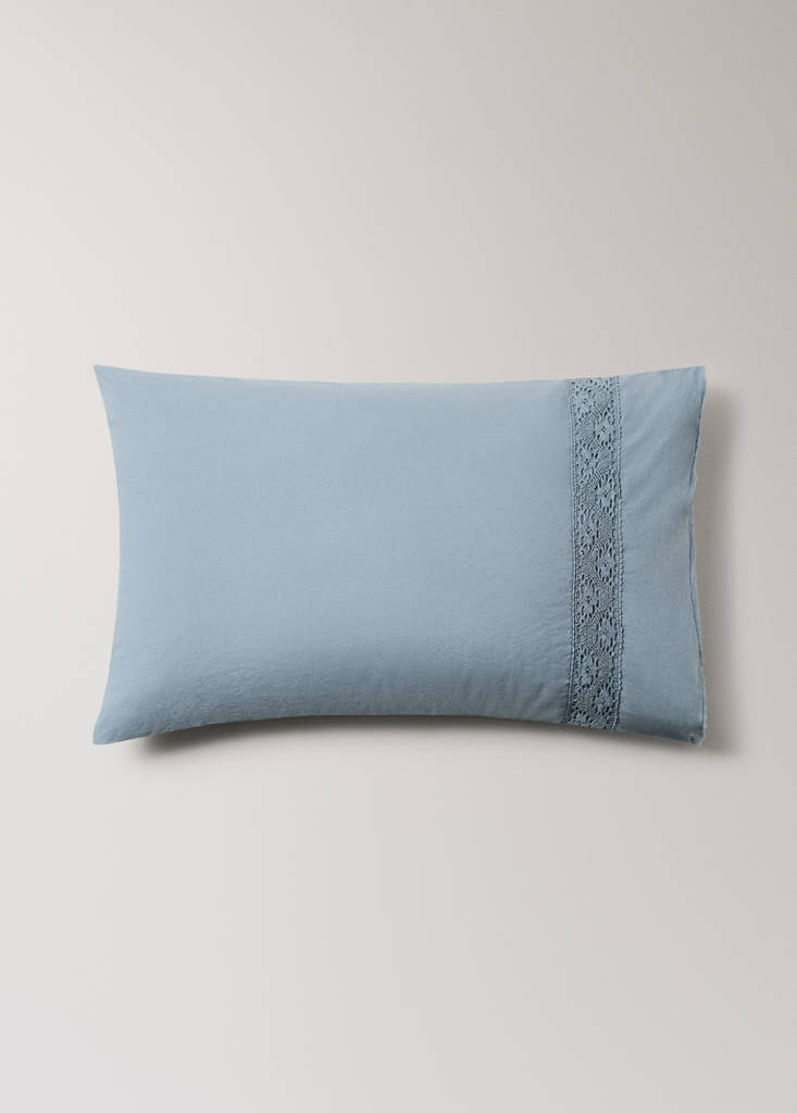 Two washed cotton pillowcases with lace trim 50x75cm — Blue