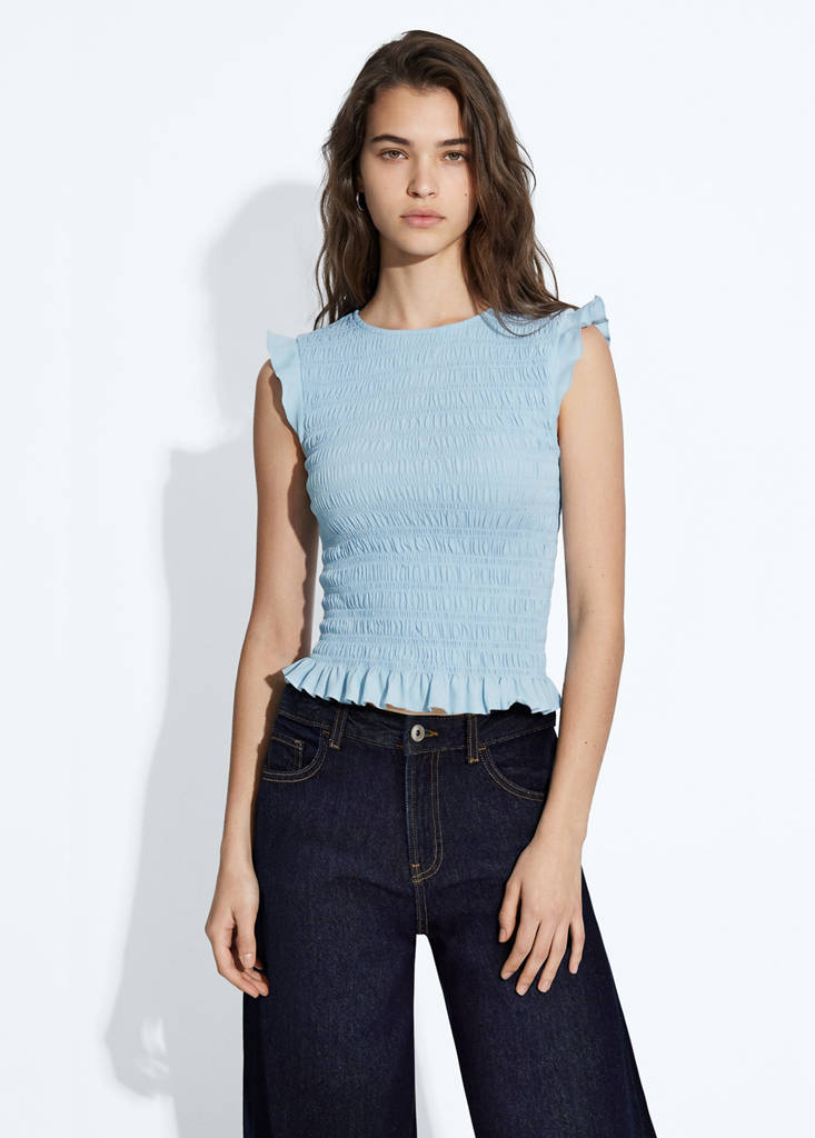Ruched top with frill detail — Sky Blue