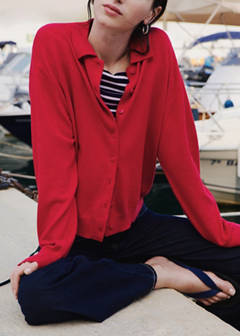 Fine knit polo collar cardigan — Red 2
