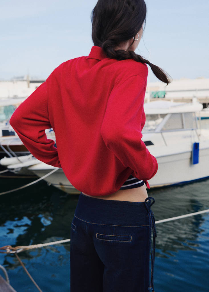 Fine knit polo collar cardigan — Red