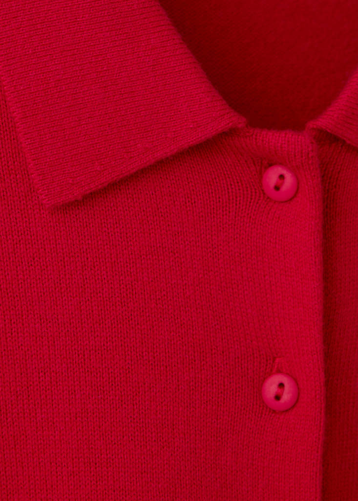 Fine knit polo collar cardigan — Red