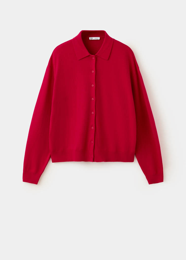 Fine knit polo collar cardigan — Red