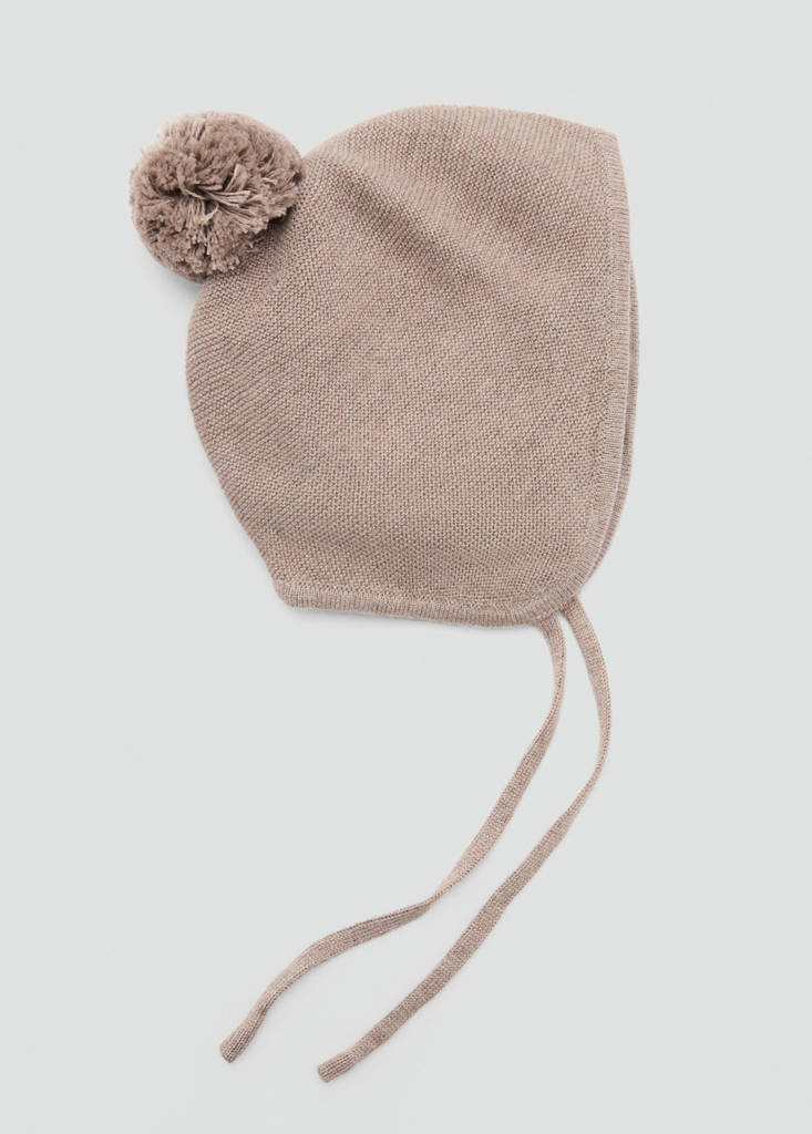Knitted bonnet with pompom — Medium Brown