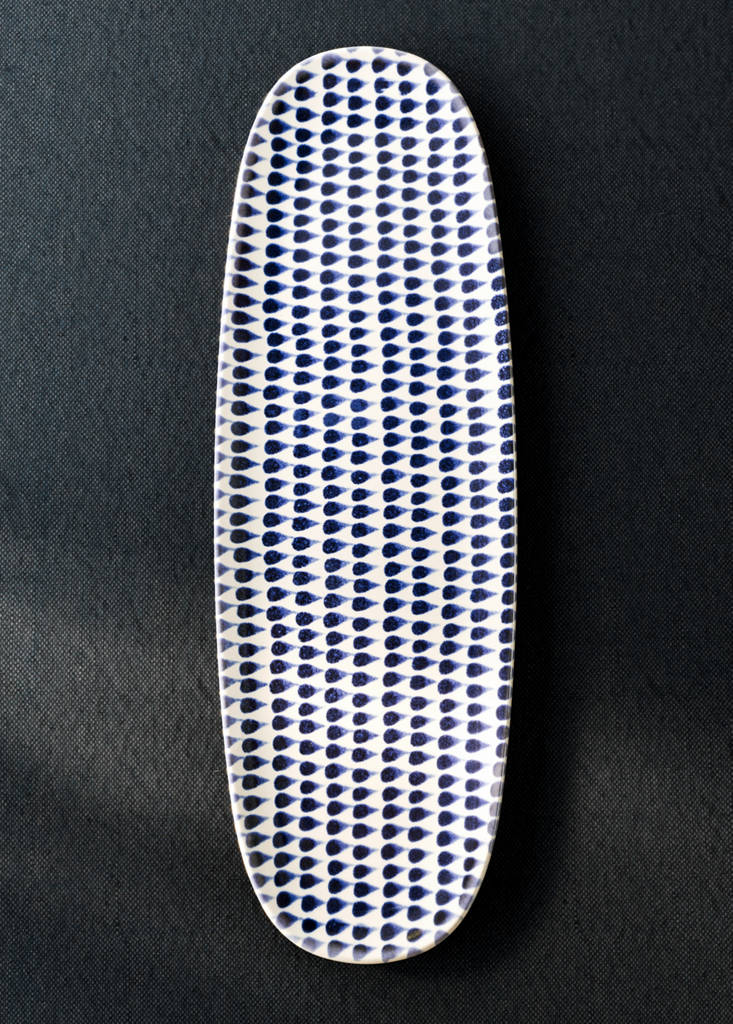 Large printed oval stoneware platter — Night Blue