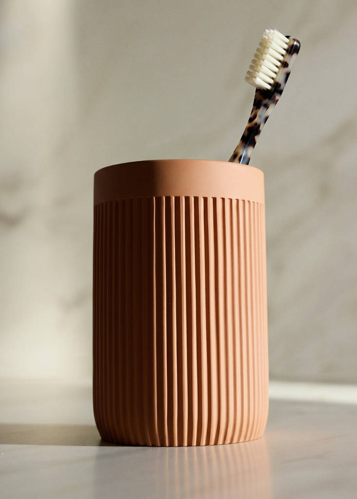 Striped resin toothbrush tumbler — Ochre