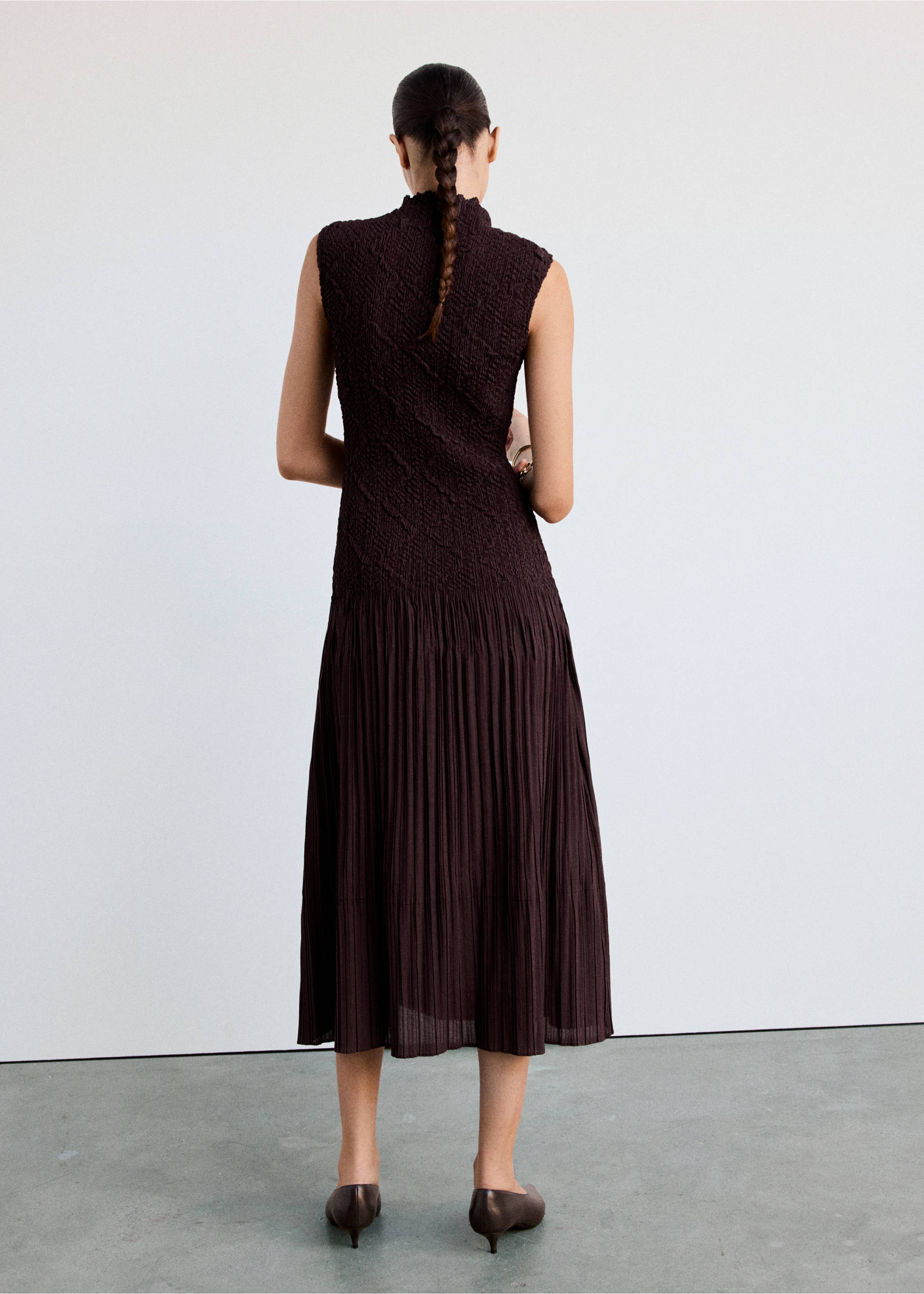 Vestido evasé combinado textura - Reverso del artículo, Burdeos. Ref: 37043877-01.