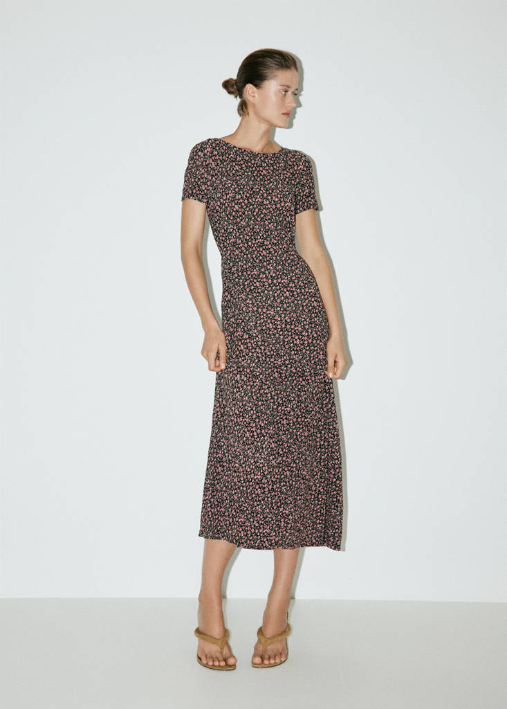 Printed dress with draped detail — Black