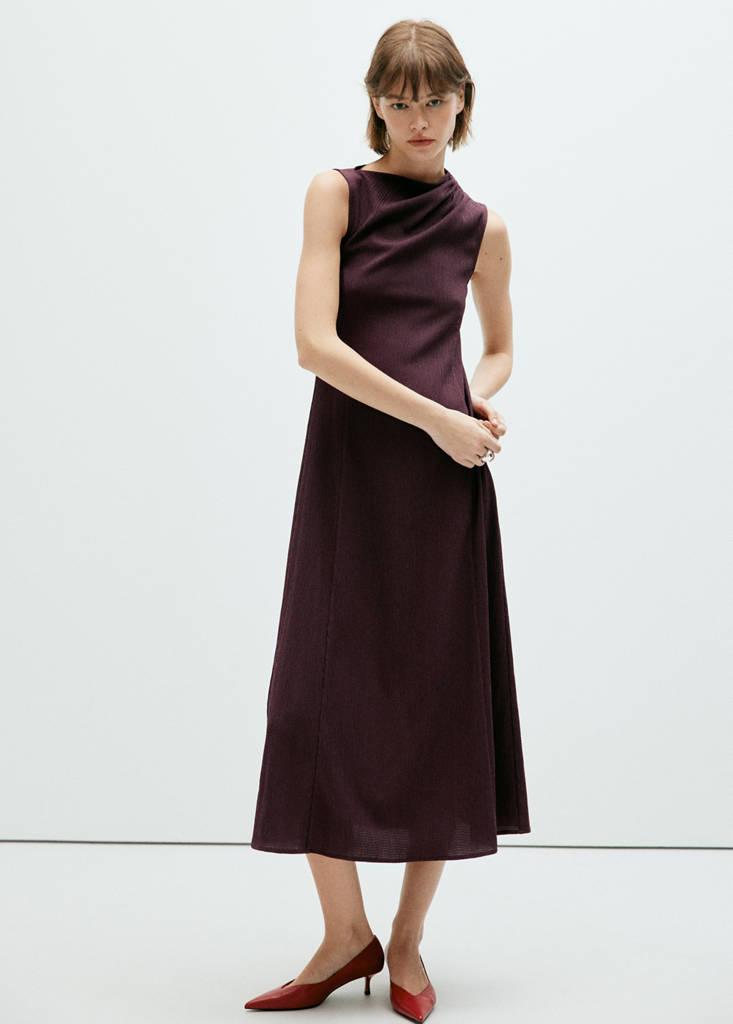 Mango Robe Texturée Détails Froncés In Bordeaux