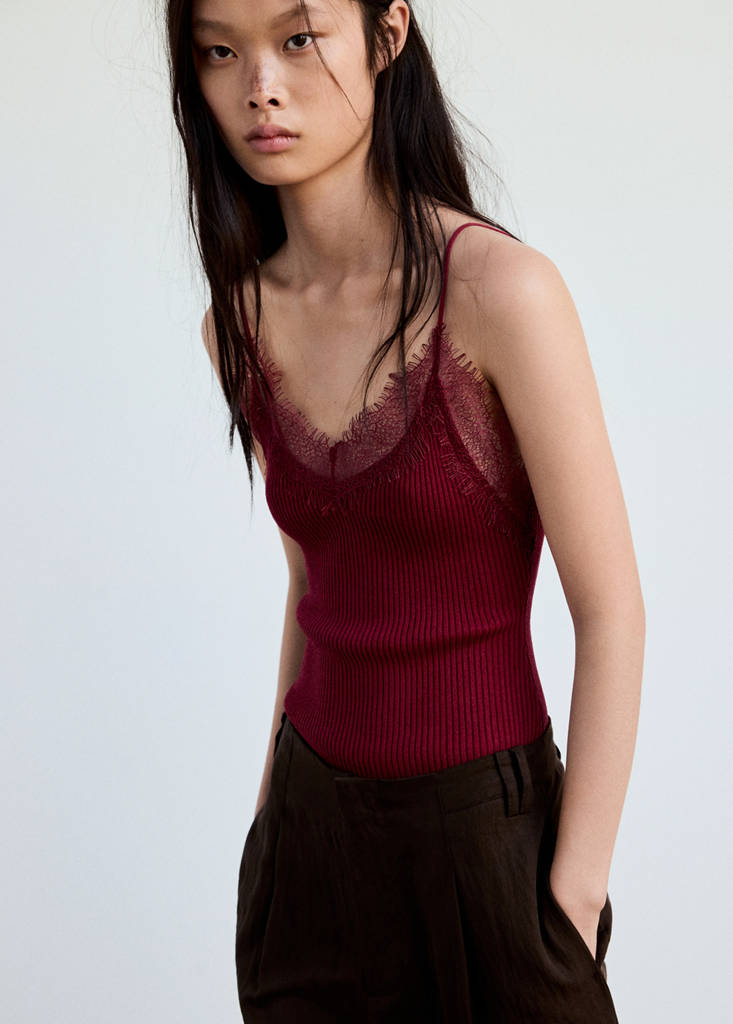 Ribbed lace top — Wine
