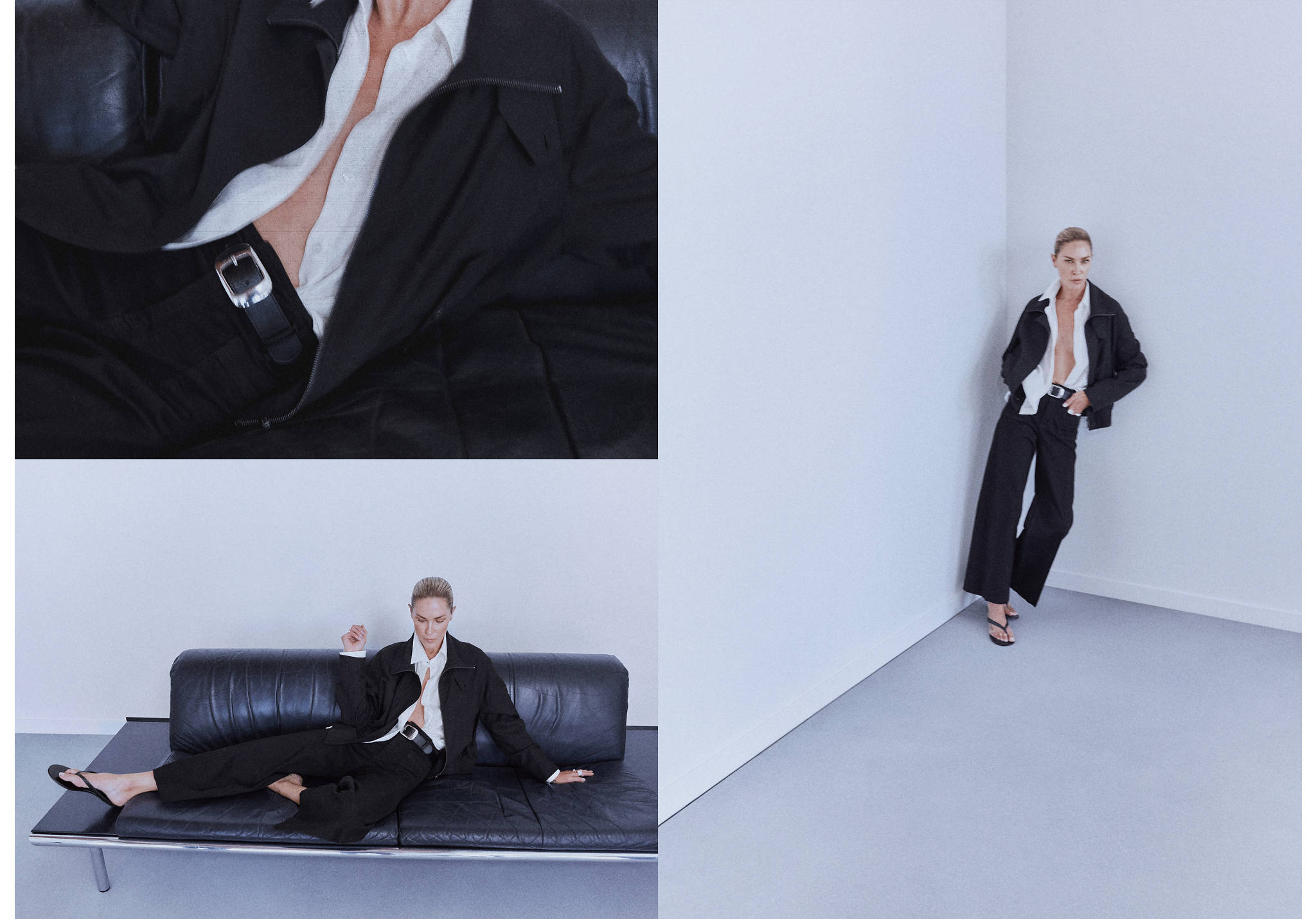 Composite view showing a model in black trousers, jacket, and a white shirt.