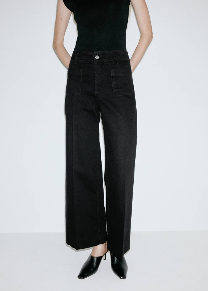 Wide-leg patch pocket jeans — Black denim