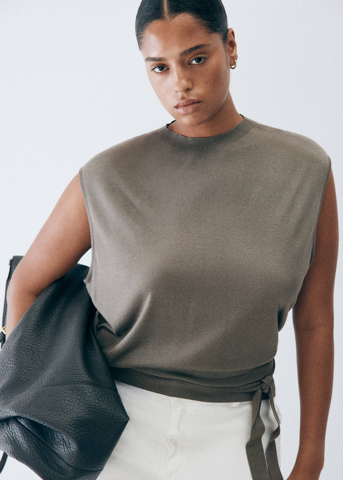Belted knitted waistcoat — Medium Brown
