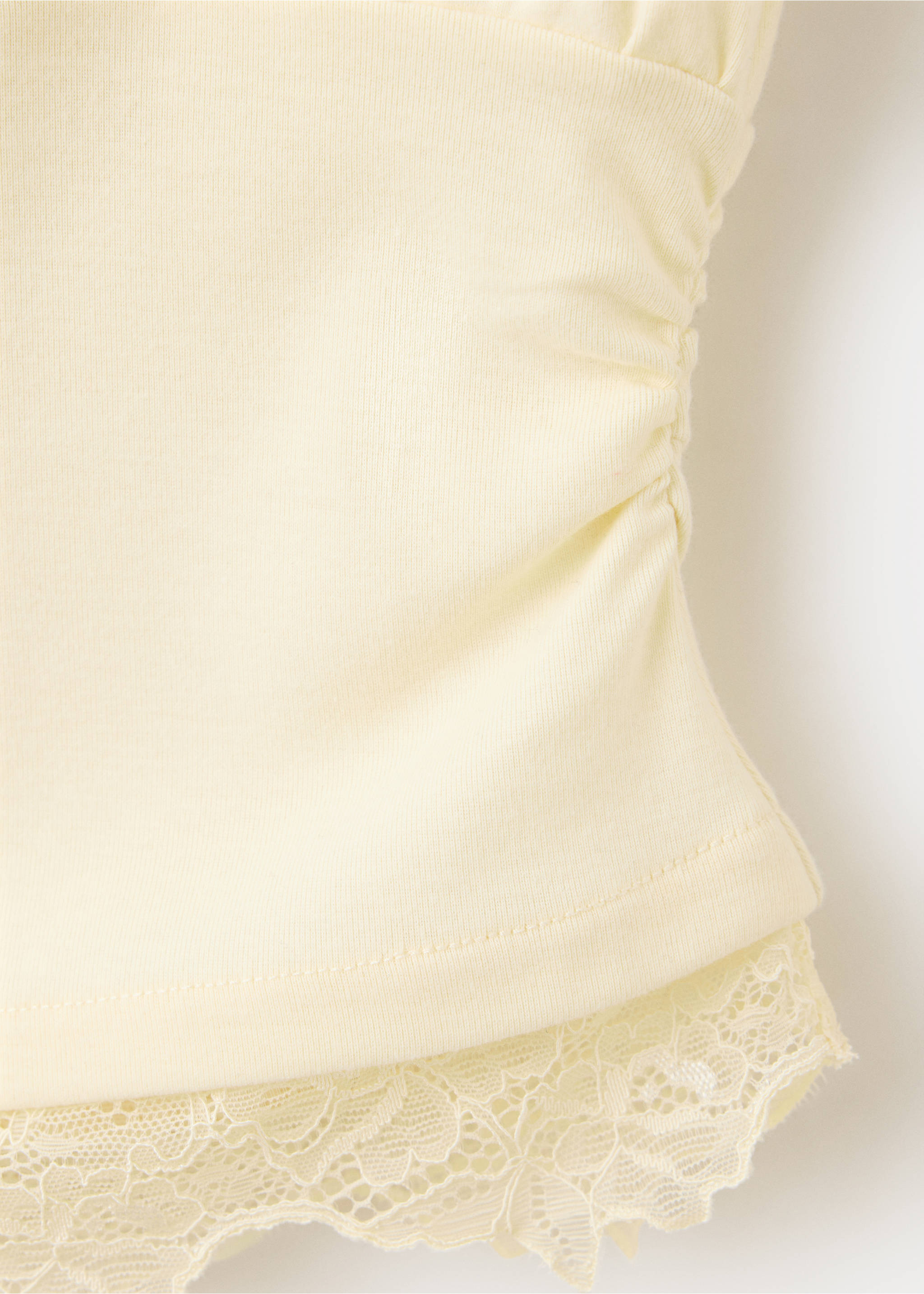T-shirt with ruching and lace detail - Details of the article 8, Ecru. Ref: 37044080-00.